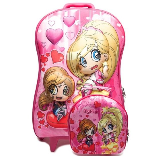 Mochila Escolar 3D com Lancheira MaxToy My Pink - Rosa