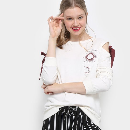 Moletom Drezzup Open Shoulder Estampado Feminino - Off White