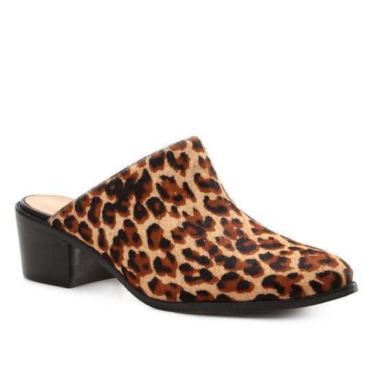 Mule Couro Shoestock Salto Bloco Wild Onça - Preto+Caramelo