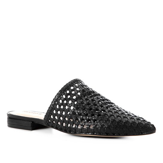 Mule Couro Shoestock Tressê Bico Fino - Preto