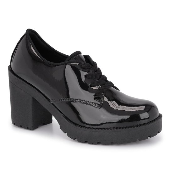 Oxford CR Shoes Verniz Salto Médio com Amarração - Preto
