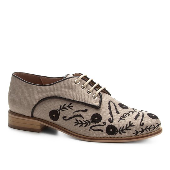 Oxford Shoestock Linho Bordado Feminino - Cáqui