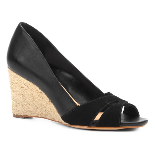 Peep Toe Anabela Shoestock Corda Mix Couros - Preto