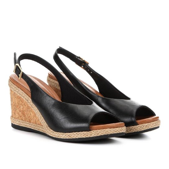 Peep Toe Couro Anabela Usaflex Espadrille Chanel - Preto+Chumbo