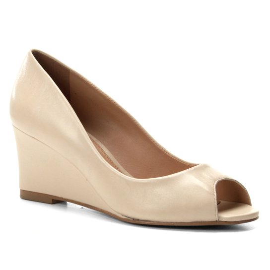 Peep Toe Couro Shoestock Anabela Confort - Bege