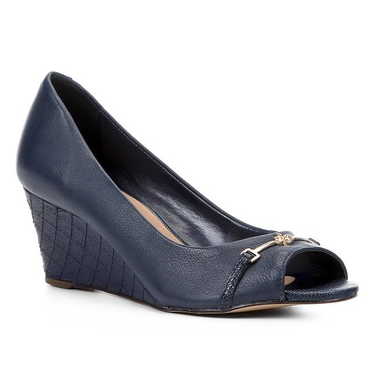 Peep Toe Couro Shoestock Anabela New Matelassê - Marinho