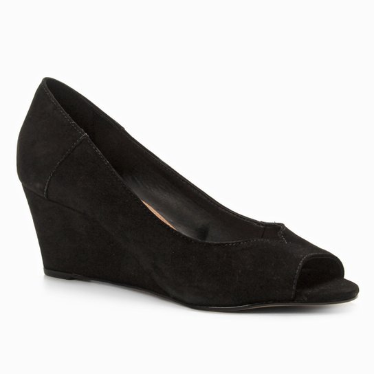 Peep Toe Couro Shoestock Anabela Nobuck - Preto