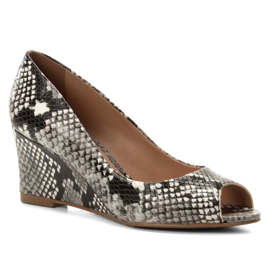 Peep Toe Couro Shoestock Anabela Snake - Preto+Branco