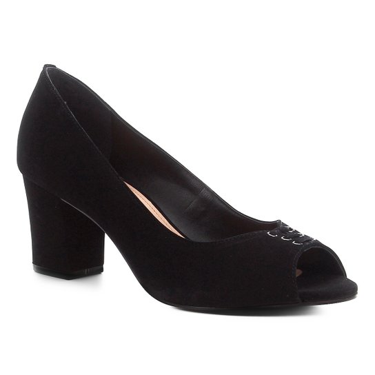 Peep Toe Couro Shoestock Nobuck Lace Salto Bloco - Preto