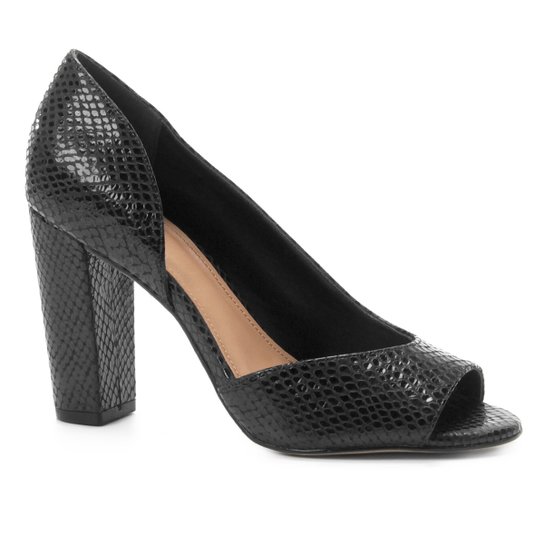 Peep Toe Couro Shoestock Salto Alto Cobra - Preto