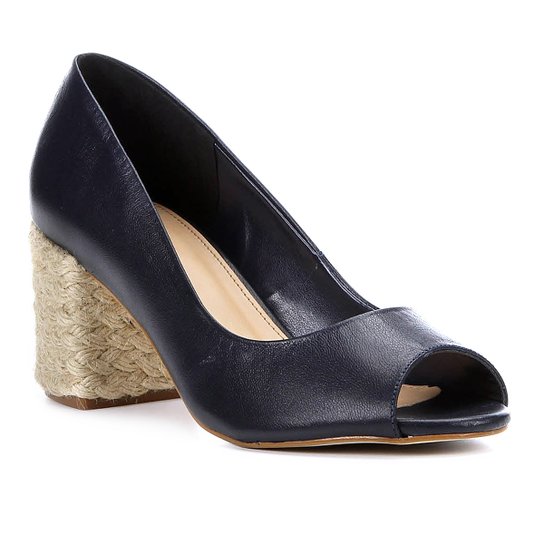 Peep Toe Couro Shoestock Salto Bloco Corda - Marinho