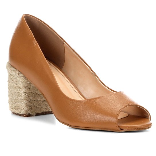Peep Toe Couro Shoestock Salto Bloco Corda - Caramelo