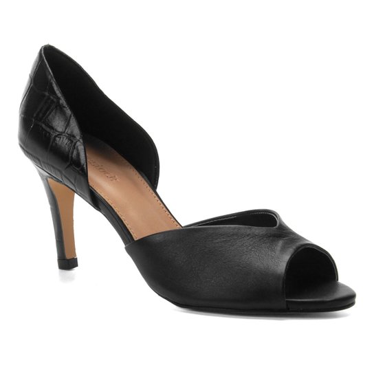 Peep Toe Couro Shoestock Salto Fino Mix Croco - Preto