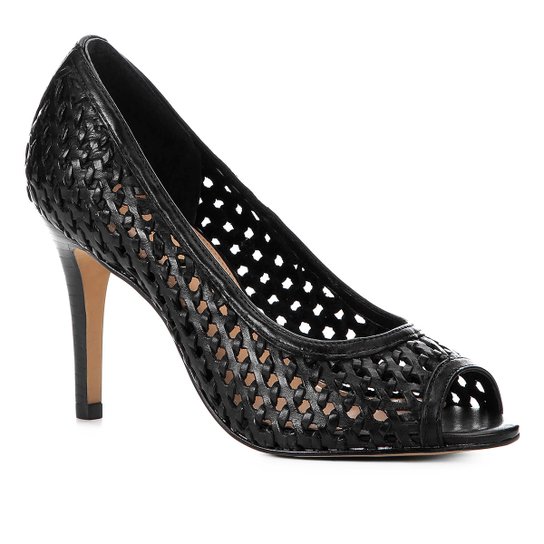 Peep Toe Couro Shoestock Salto Fino Tressê - Preto