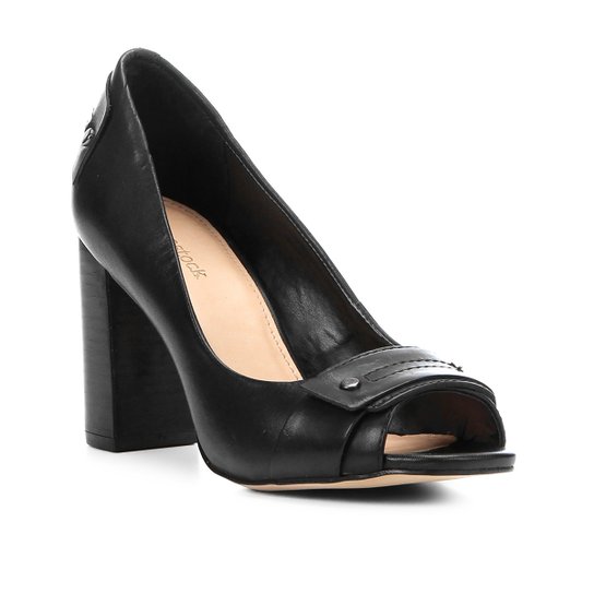 Peep Toe Couro Shoestock Salto Grosso Tira - Preto