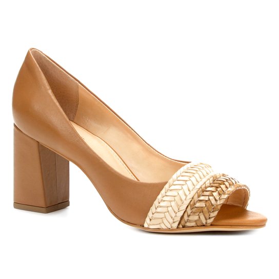 Peep Toe Couro Shoestock Salto Grosso Tiras - Caramelo