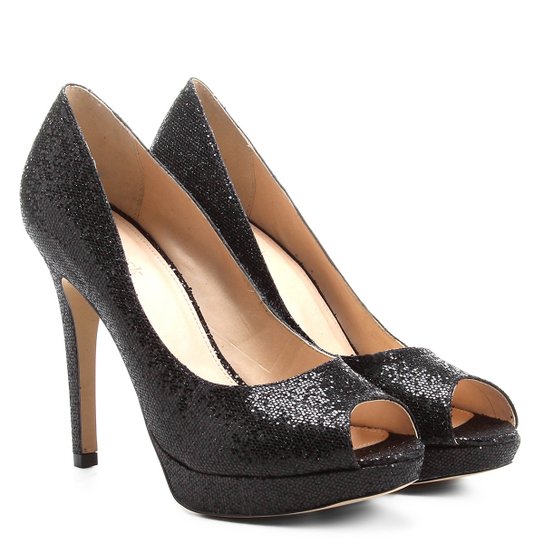 Peep Toe Shoestock Meia Pata Glitter - Preto
