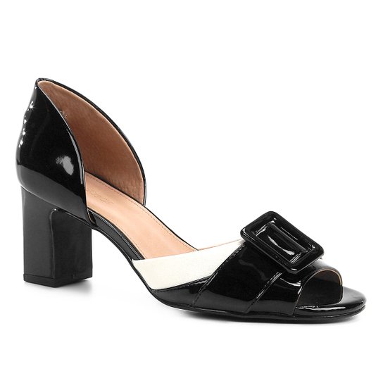 Peep Toe Shoestock Verniz Fivela - Preto+Off White