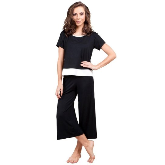 Pijama Inspirate Inverno Pantacourt Feminino - Preto+Branco