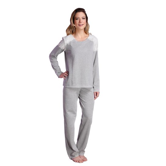 Pijama Longo Inspirate Ombro Rendado Feminino - Cinza Claro