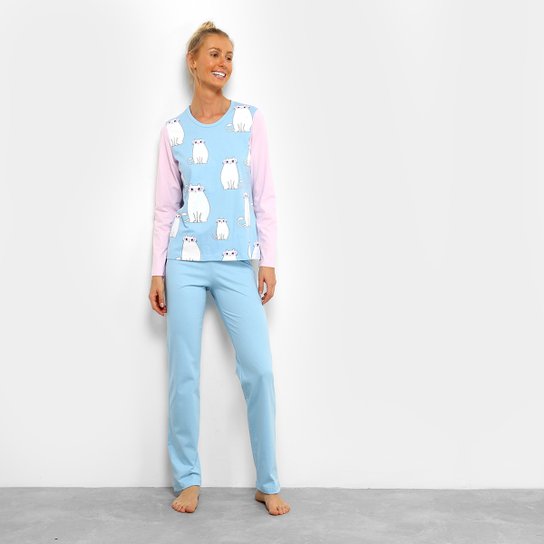 Pijama SonnoVicci Longo Tal Mãe Feminino - Azul Claro+Branco