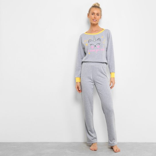 Pijama SonnoVicci Moletinho Longo Feminino - Cinza+Amarelo