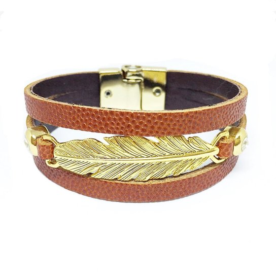 Pulseira Alice Monteiro Couro com Detalhe Folha Feminina - Caramelo
