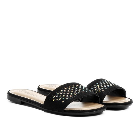 Rasteira Bebecê Tiras Strass - Preto