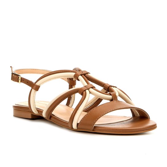 Rasteira Couro Shoestock Bicolor - Caramelo+Off white