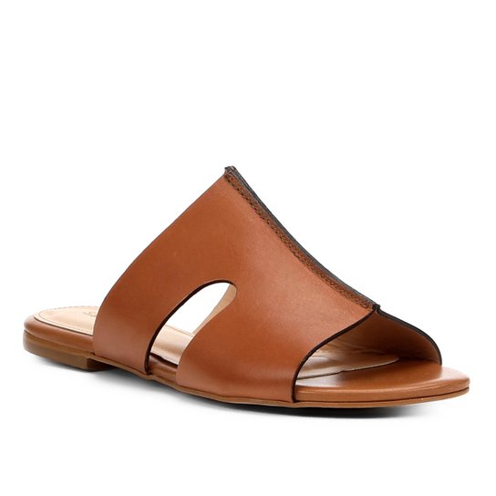 Rasteira Couro Shoestock Slide Corte A Fio - Caramelo