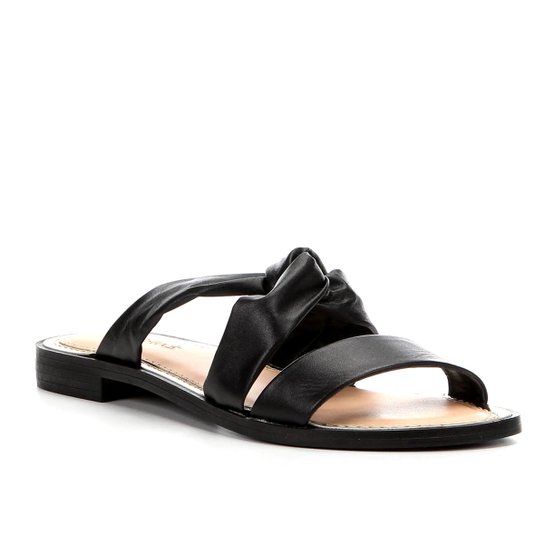 Rasteira Couro Shoestock Slide Drapeado - Preto
