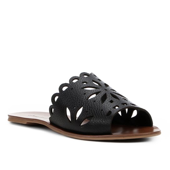 Rasteira Couro Shoestock Slide Flor - Preto