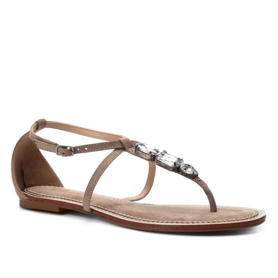 Rasteira Couro Shoestock Tira Pedras - Bege