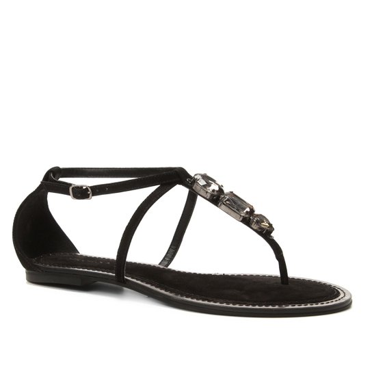 Rasteira Couro Shoestock Tira Pedras - Preto
