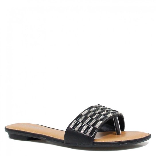 Rasteira Via Marte Pedras Strass - Preto