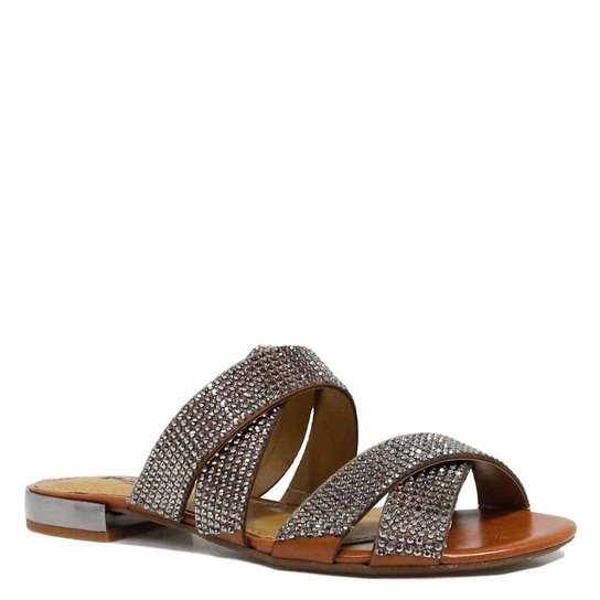 Rasteira Zariff Shoes Bico Aberto Pedras - Marrom