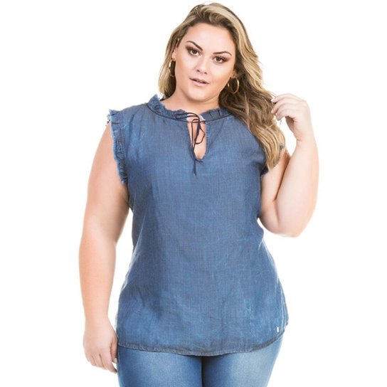 Regata Confidencial Extra Plus Size Jeans Decote Gota e Babado Feminina - Azul Escuro