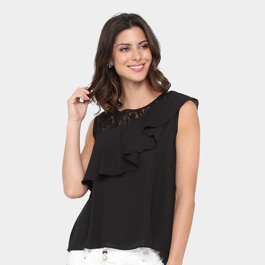 Regata Lily Fashion Rendada Feminina - Preto