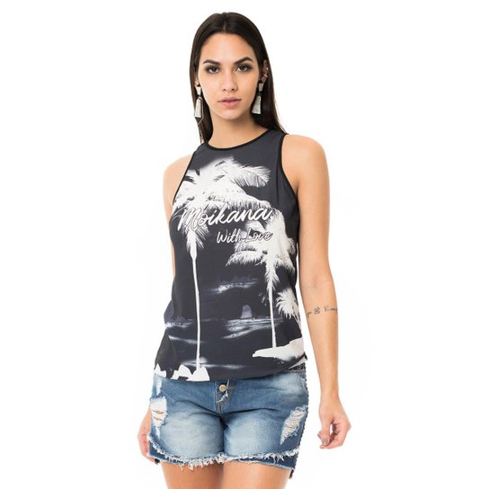 Regata Moikana Frente Estampada - Preto