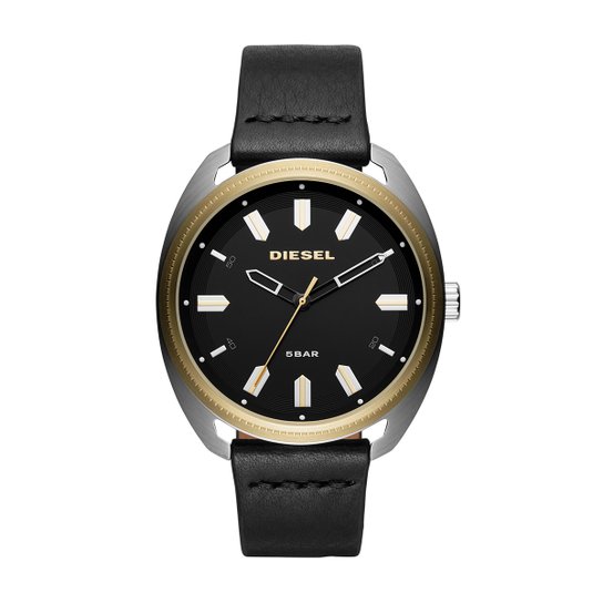 Relógio Diesel Analógico Aço Couro Masculino - Preto+Dourado