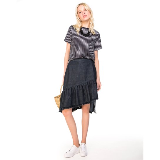 Saia Amaro Jeans Midi Babados - Azul