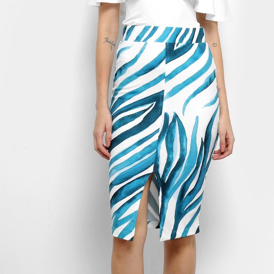 Saia Forum Lápis Midi Canelada - Azul+Branco