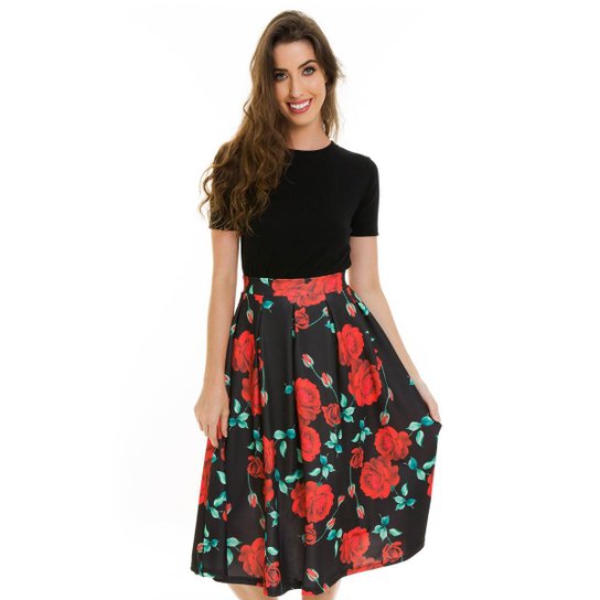 Saia Jogabe Midi com Pregas Floral - Preto+Vermelho