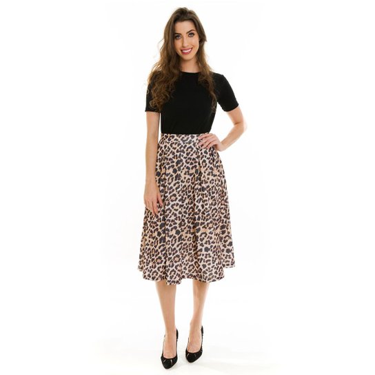 Saia Jogabe Midi Pregas Animal Print - Preto+Bege
