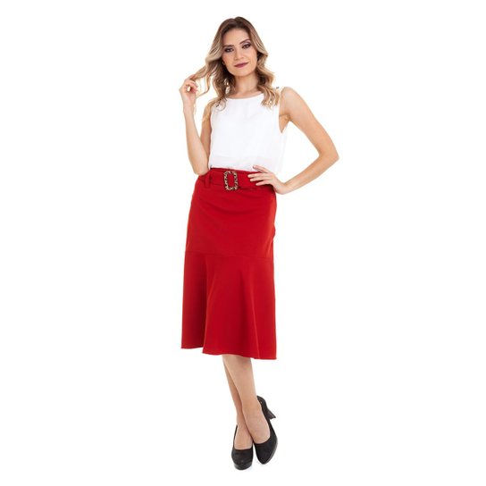 Saia Kinara Alfaiataria com Cinto Fivela Oncinha - Vermelho