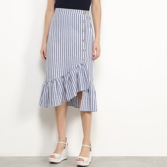 Saia Lemise Midi Assimétrica Listrada Babado Botões - Azul+Branco