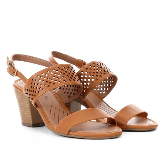 Sandália com Laser Cut Ramarim Salto Grosso Feminina - Caramelo