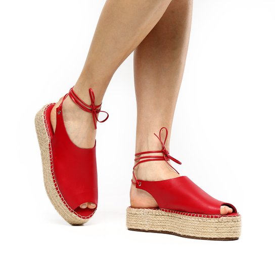 Sandália Couro Carmim Flatform Salto Corda Amarração Feminina - Vermelho