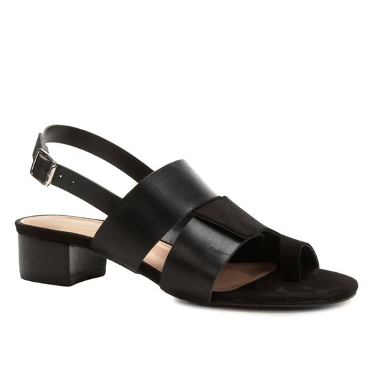 Sandália Couro Shoestock Salto Bloco Color Mix Feminina - Preto