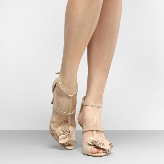 Sandália Couro Shoestock Salto Fino Flores - Nude